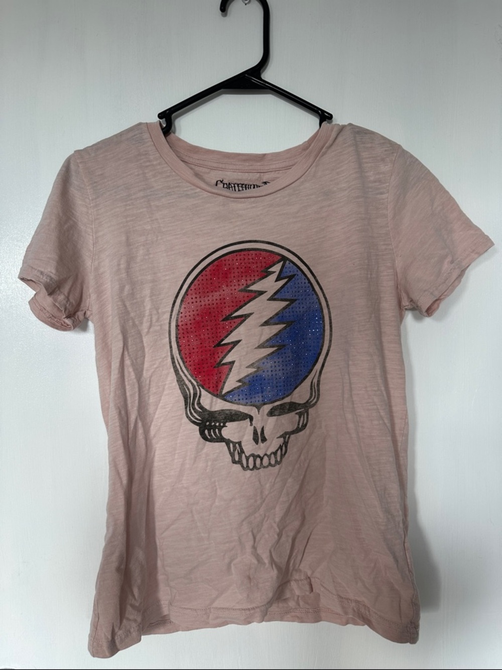 Lucky Brand Light Pink Tee with Red & Blue Lightning Skull